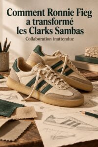 Chaussures Sambas Clarks x adidas sur fond neutre, mettant en avant le design élégant et polyvalent.