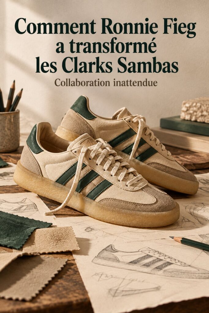 Chaussures Sambas Clarks x adidas sur fond neutre, mettant en avant le design élégant et polyvalent.