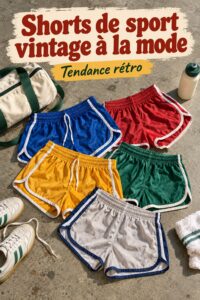 Shorts de sport vintage Adidas présentés sur un fond neutre, mettant en valeur leur style rétro et sportif.