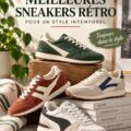 Un modèle de sneakers rétro élégantes sur un fond neutre.