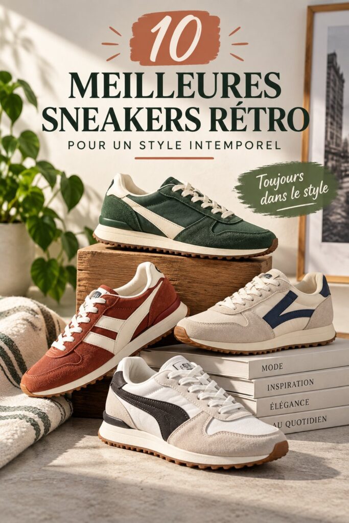 Un modèle de sneakers rétro élégantes sur un fond neutre.