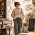 Femme habillée de manière décontractée tout en étant élégante pour une sortie café