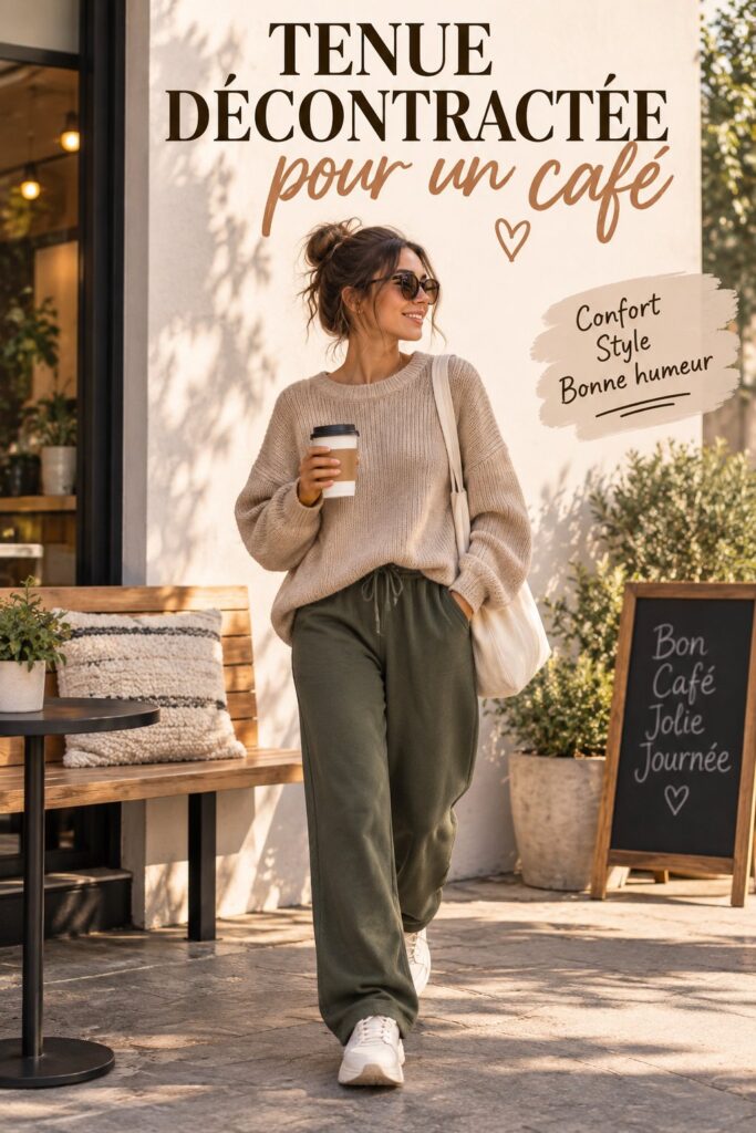 Femme habillée de manière décontractée tout en étant élégante pour une sortie café