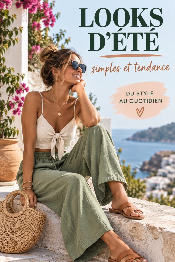 Femme dans une tenue décontractée estivale, assise dans un parc ensoleillé, mettant en avant un look stylé.