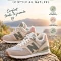 Chaussures WL 574 LDH blanches et roses sur fond neutre, prêtes pour le sport