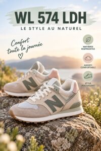 Chaussures WL 574 LDH blanches et roses sur fond neutre, prêtes pour le sport