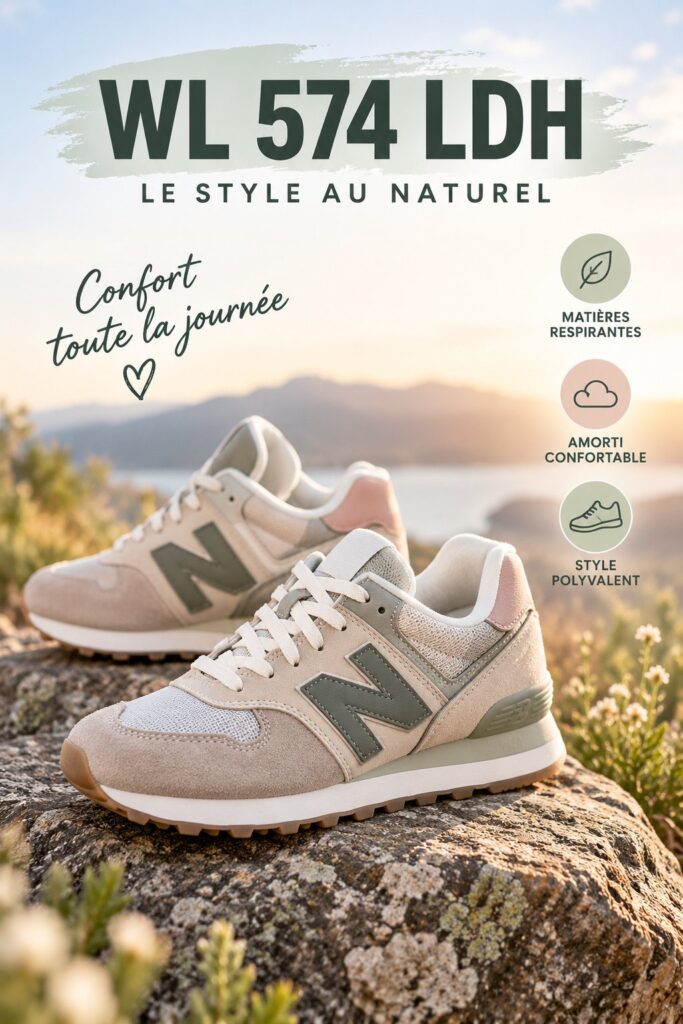 Chaussures WL 574 LDH blanches et roses sur fond neutre, prêtes pour le sport