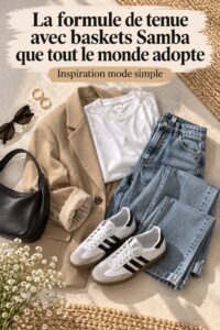 Femme portant une tenue Adidas Samba dans un cadre urbain.