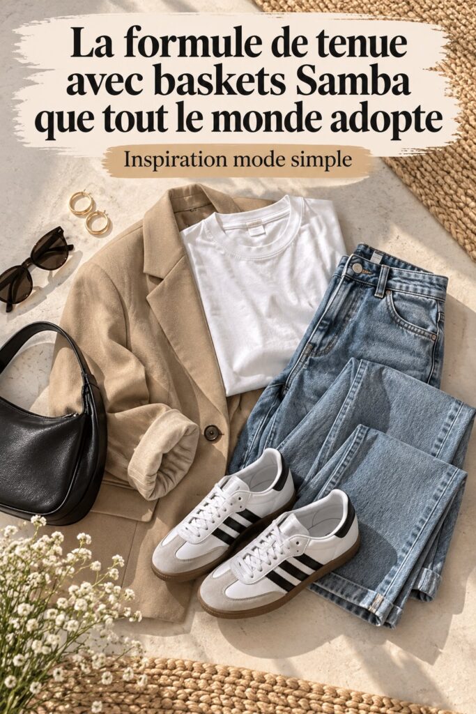 Femme portant une tenue Adidas Samba dans un cadre urbain.