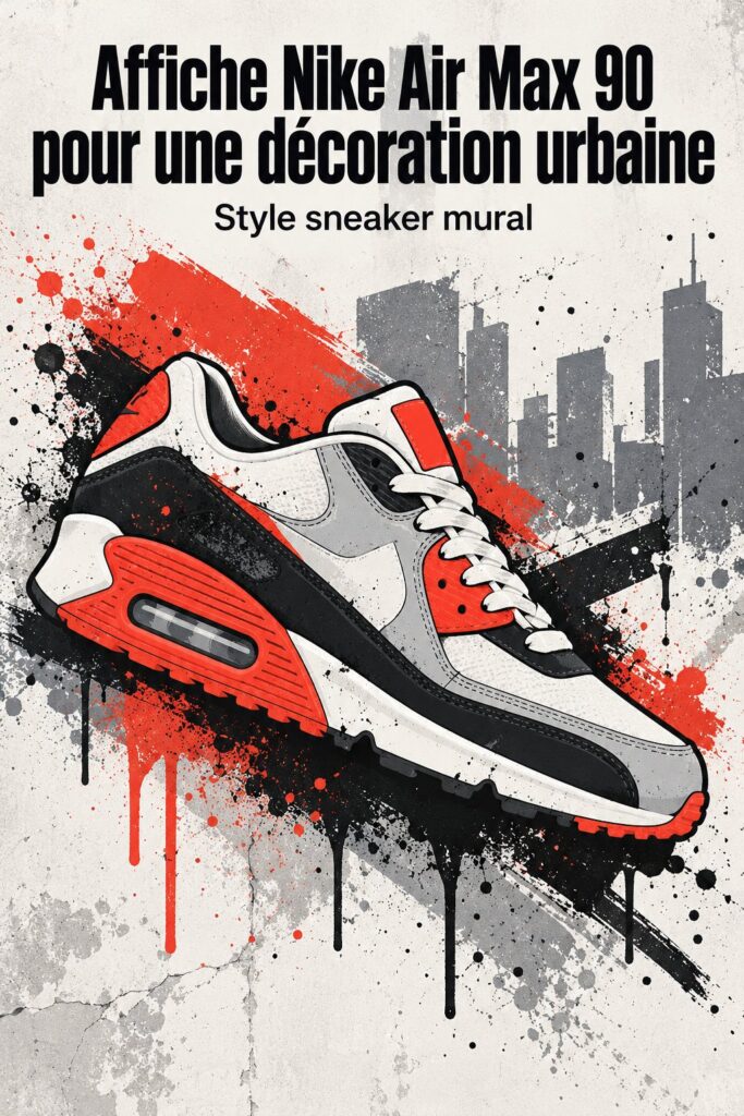 Affiche colorée Nike Air Max 90 sur un mur moderne.