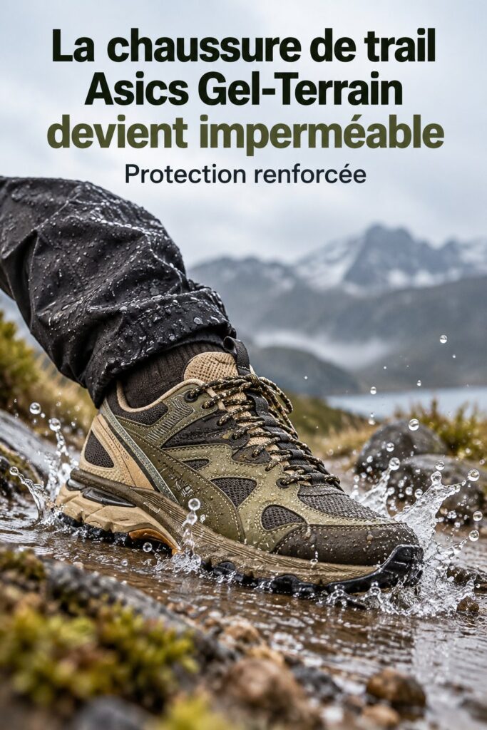 Chaussure de trail Asics Gel-Terrain GORE-TEX sur un sentier en forêt