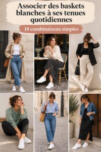 Baskets blanches associées à une tenue décontractée élégante.