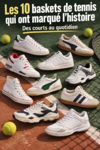 Une collection de baskets de tennis iconiques représentant l'histoire du sport.