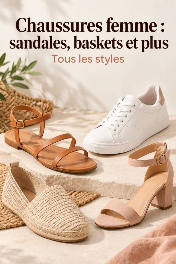 Une sélection de chaussures pour femmes incluant sandales et baskets
