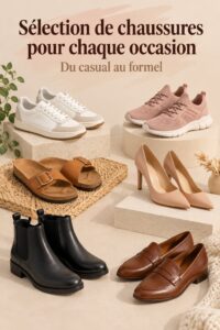 Sélection de chaussures pour chaque occasion, incluant des modèles de sport, de bureau et de soirée.