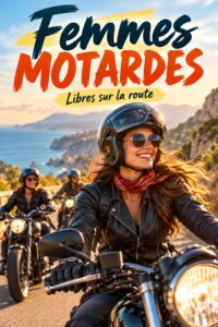 Photo d'une femme en moto sur une route sinueuse, symbole de liberté et de passion.