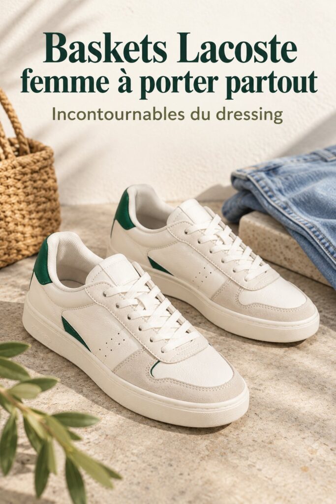 Une femme portant des sneakers Lacoste blanches avec une tenue décontractée