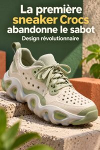 Une femme portant des sneakers Crocs au style moderne et décontracté dans un cadre urbain.